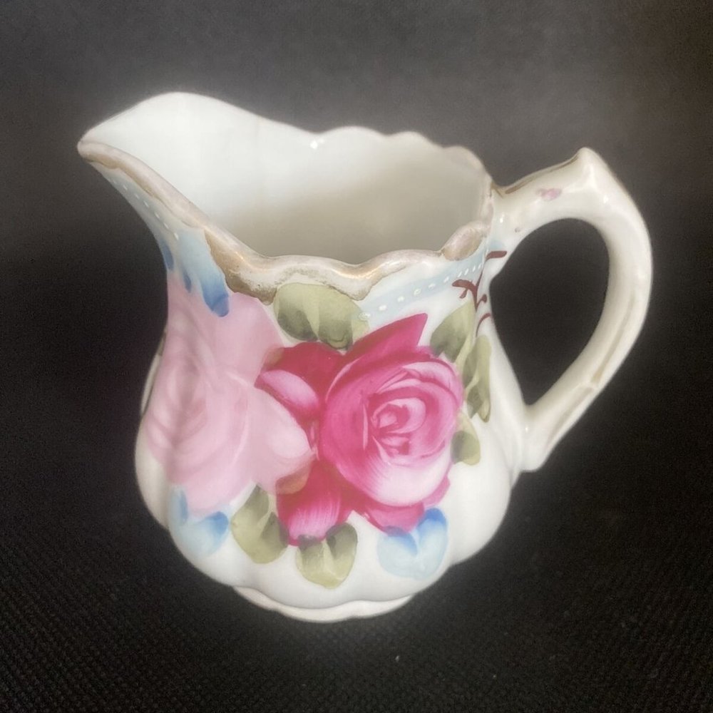 Nippon Hand Painted Porcelain Creamer Pitcher Floral Design with Roses 3.5" H